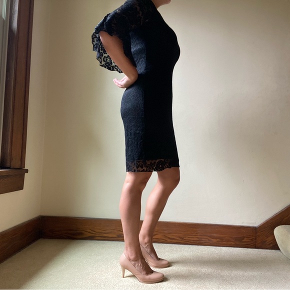 Marina stretch black lace sheath dress bell sleeve lined sheer wedding party - Picture 2 of 8